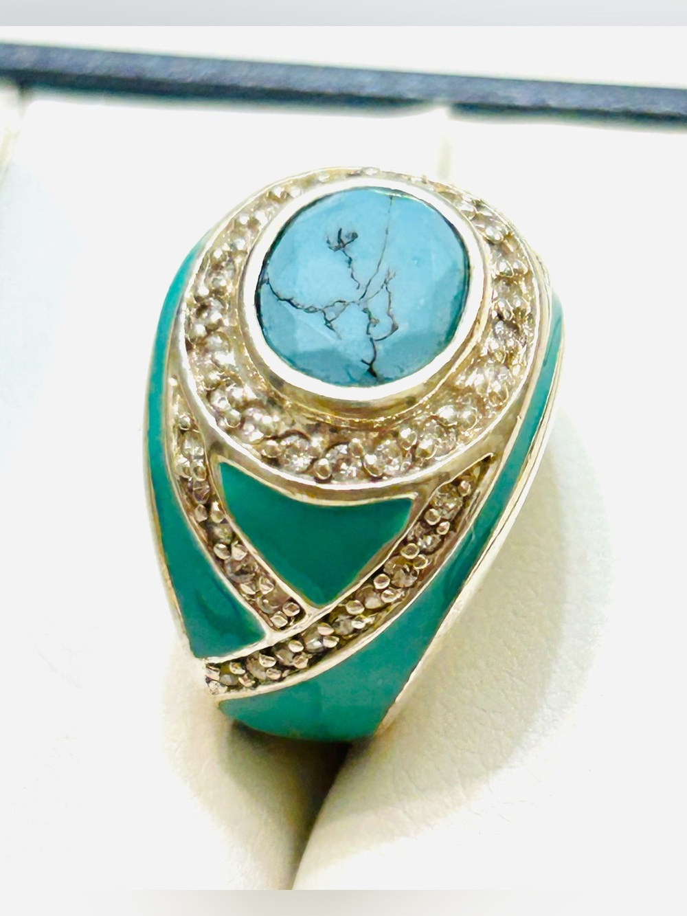 Light blue Enamel Inlay with Faux turquoise and CZ   Silver Women Ring